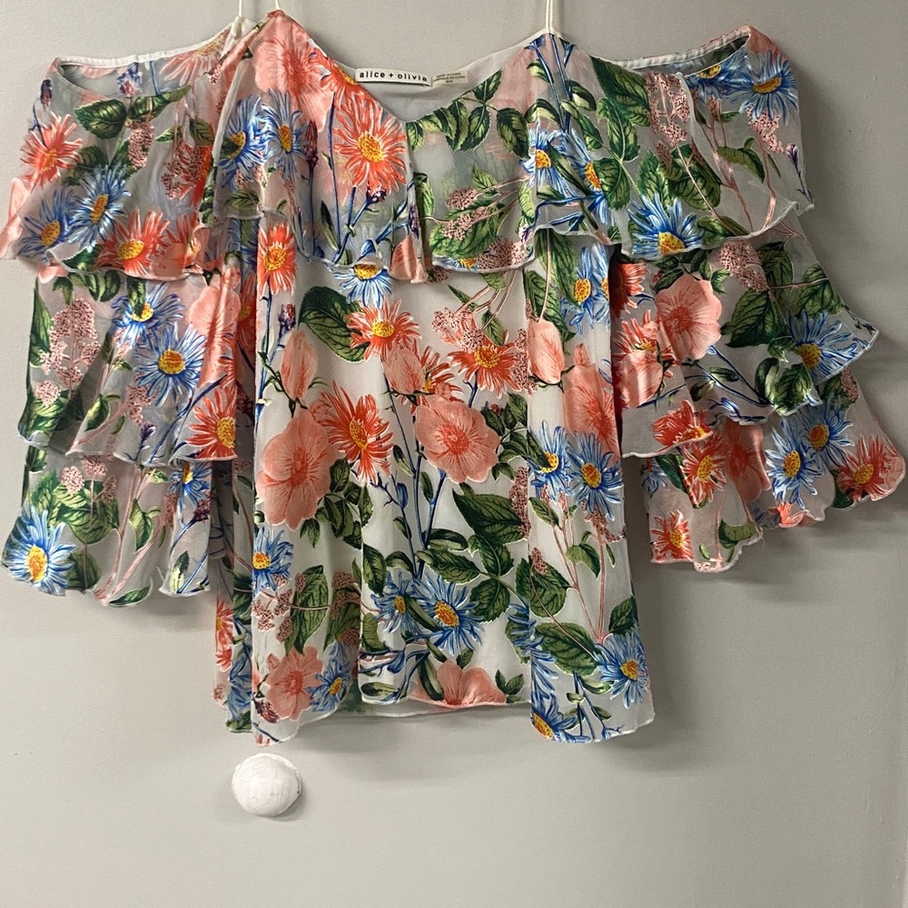 ALICE+OLIVIA MARYLEE SILK BLEND FLORAL OFF THE SHOULDER SEXY FEMININE BLOUSE - Picture 9 of 14